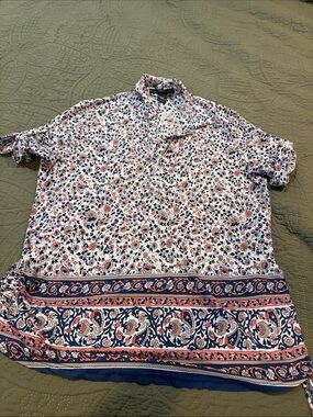 Women’s Floral Border Print Short Sleeve Shirt - White Navy Coral